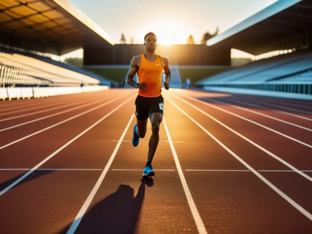 Un atardecer dorado ilumina un futurista circuito de atletismo, rodeado de equipamiento moderno y dispositivos de Big Data