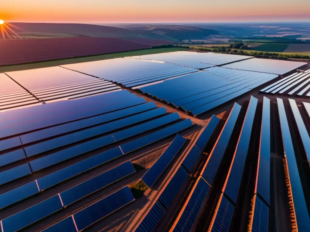 Un atardecer en una granja solar, con paneles reflejando la puesta de sol