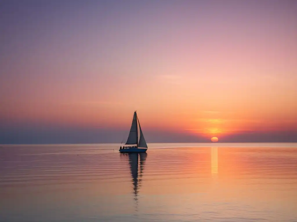 Un atardecer sereno con un velero en el horizonte, evocando tranquilidad