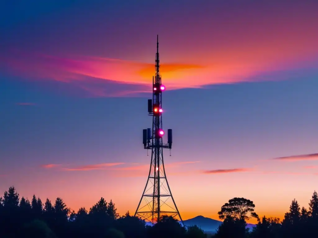 Un atardecer de tonos cálidos ilumina una torre 5G futurista