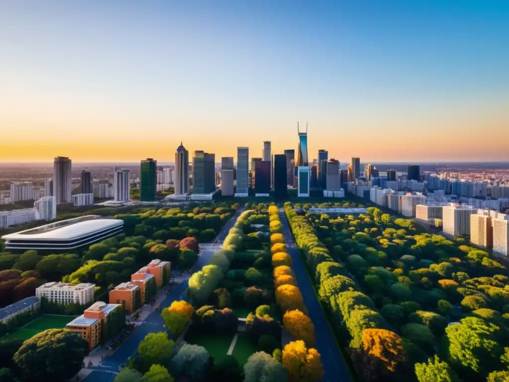 Un atardecer vibrante sobre una ciudad moderna y bulliciosa, rodeada de exuberante vegetación