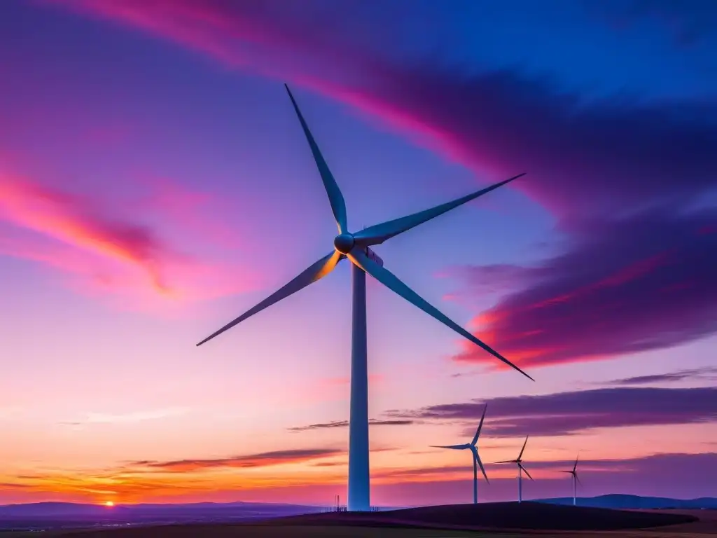 Un atardecer vibrante con un elegante aerogenerador en funcionamiento