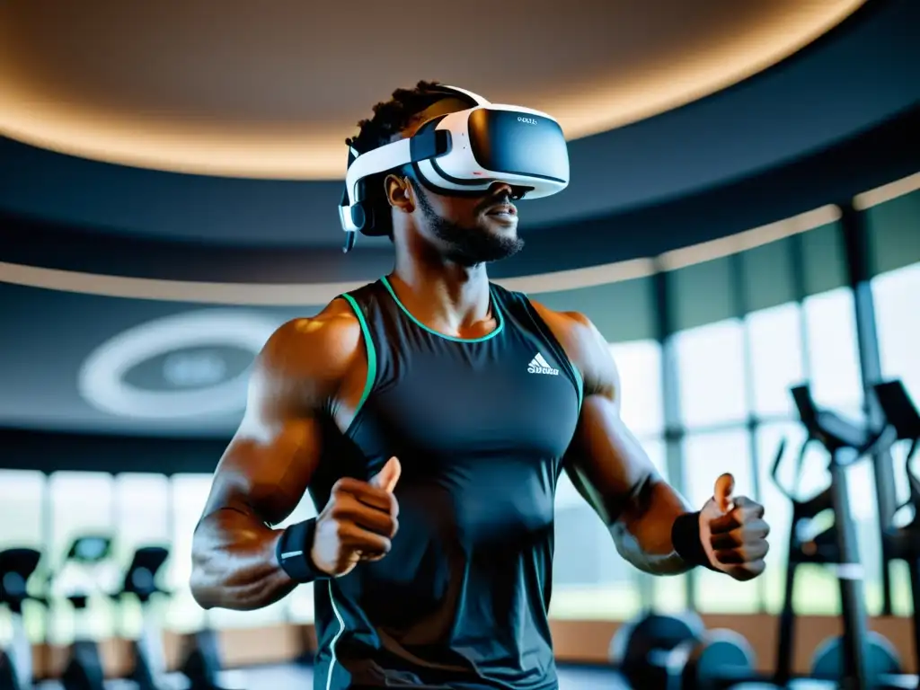 Un atleta profesional usando auriculares de realidad virtual durante un intenso entrenamiento deportivo, rodeado de avanzada tecnología deportiva