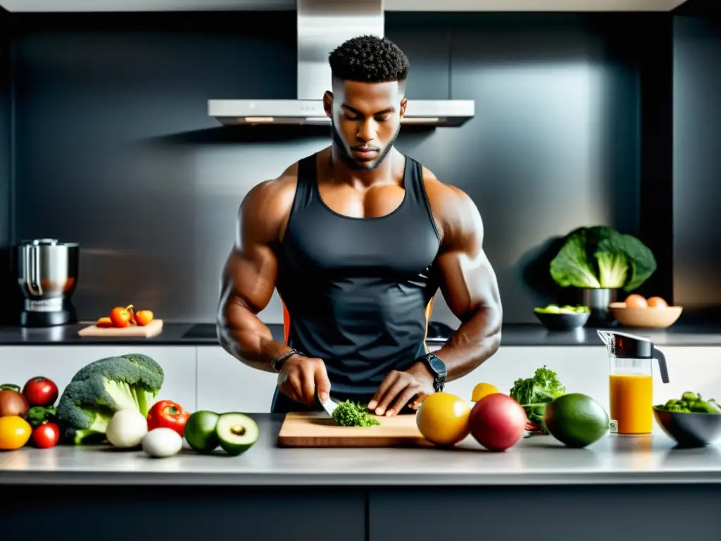 Un atleta profesional preparando una comida balanceada con precisión en una cocina moderna