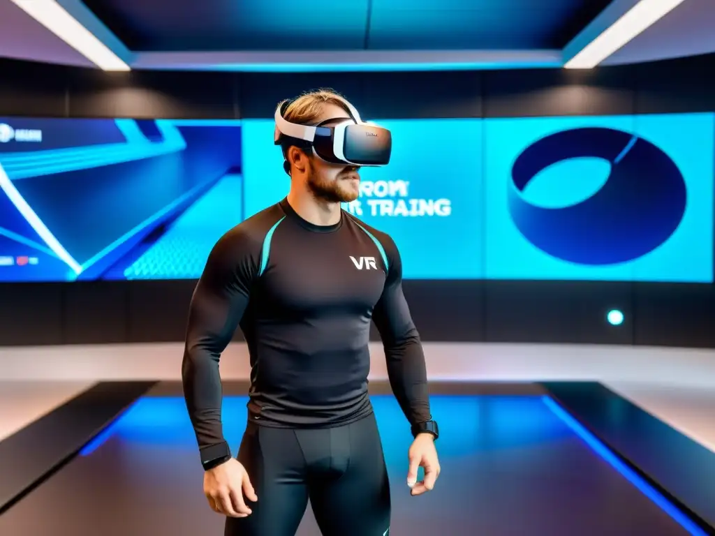 Un atleta profesional se entrena con realidad virtual en un centro deportivo futurista, rodeado de tecnología de vanguardia