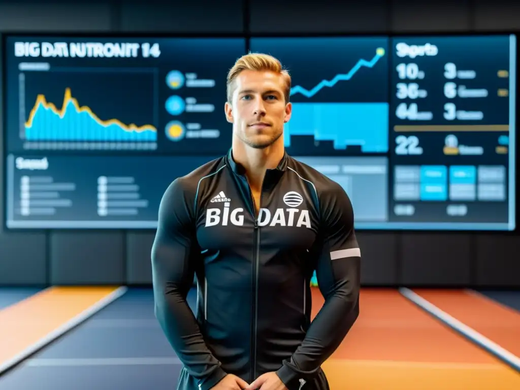 Un atleta profesional rodeado de visualizaciones de datos en un moderno centro de entrenamiento, mostrando la importancia del Big Data en nutrición deportiva