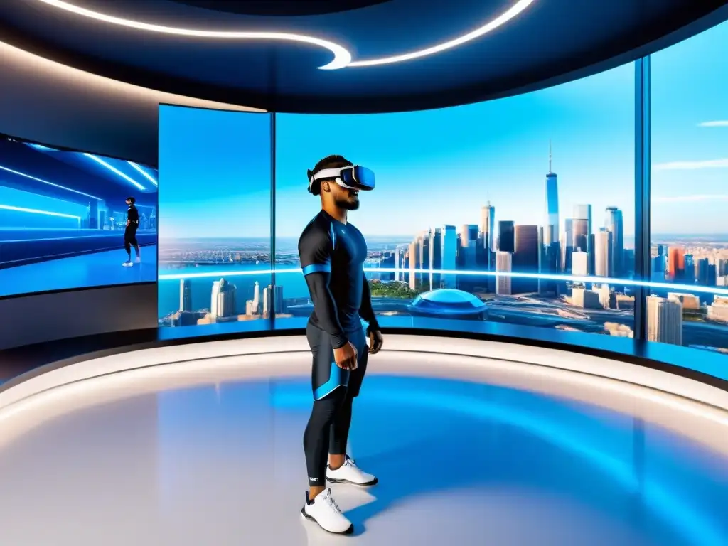 Un atleta profesional practica con precisión en una sala de entrenamiento virtual futurista