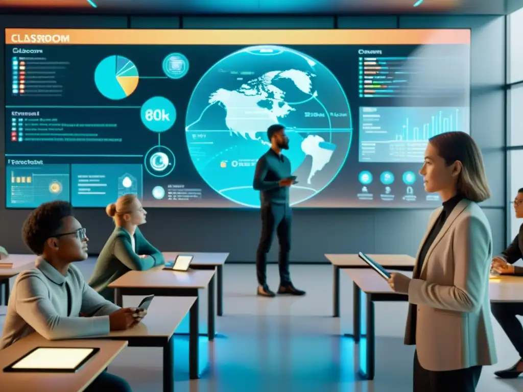 Un aula futurista con infografías tecnológicas para educar, estudiantes interactuando y maestro usando tecnología avanzada