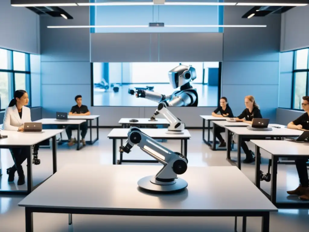 'En un aula iluminada, estudiantes participan en un taller de robótica con avanzados brazos robóticos