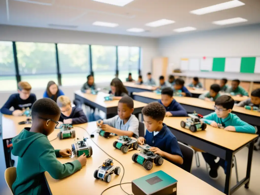 Un aula llena de jóvenes estudiantes trabajando en grupos en kits de robótica educativa, implementando componentes diversos