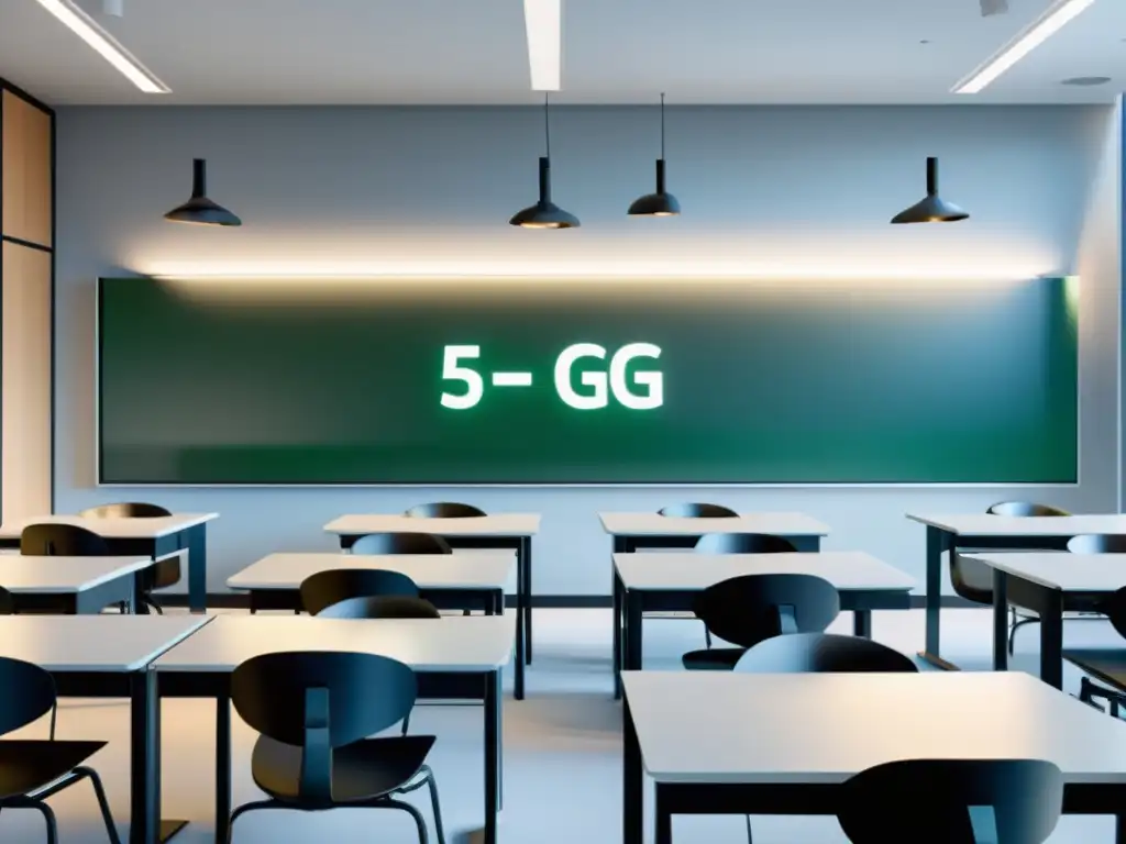 Un aula minimalista y serena con tecnología moderna, simbolizando la educación a distancia con 5G