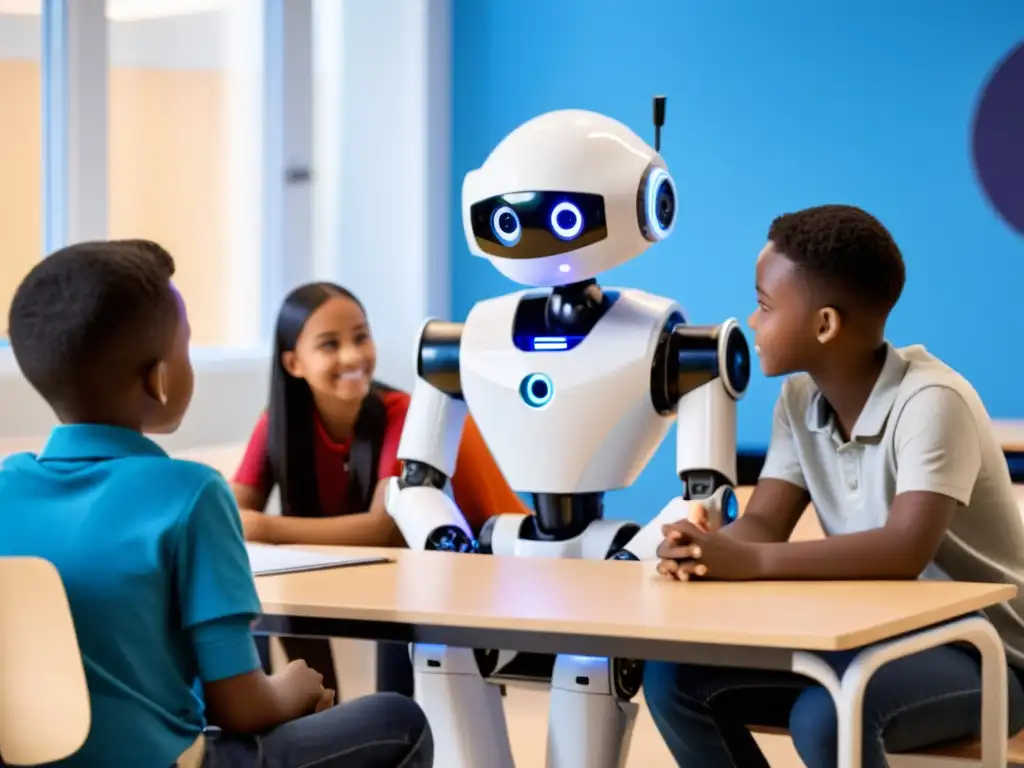 En un aula moderna, estudiantes colaboran con un robot educativo en una atmósfera de innovación y aprendizaje