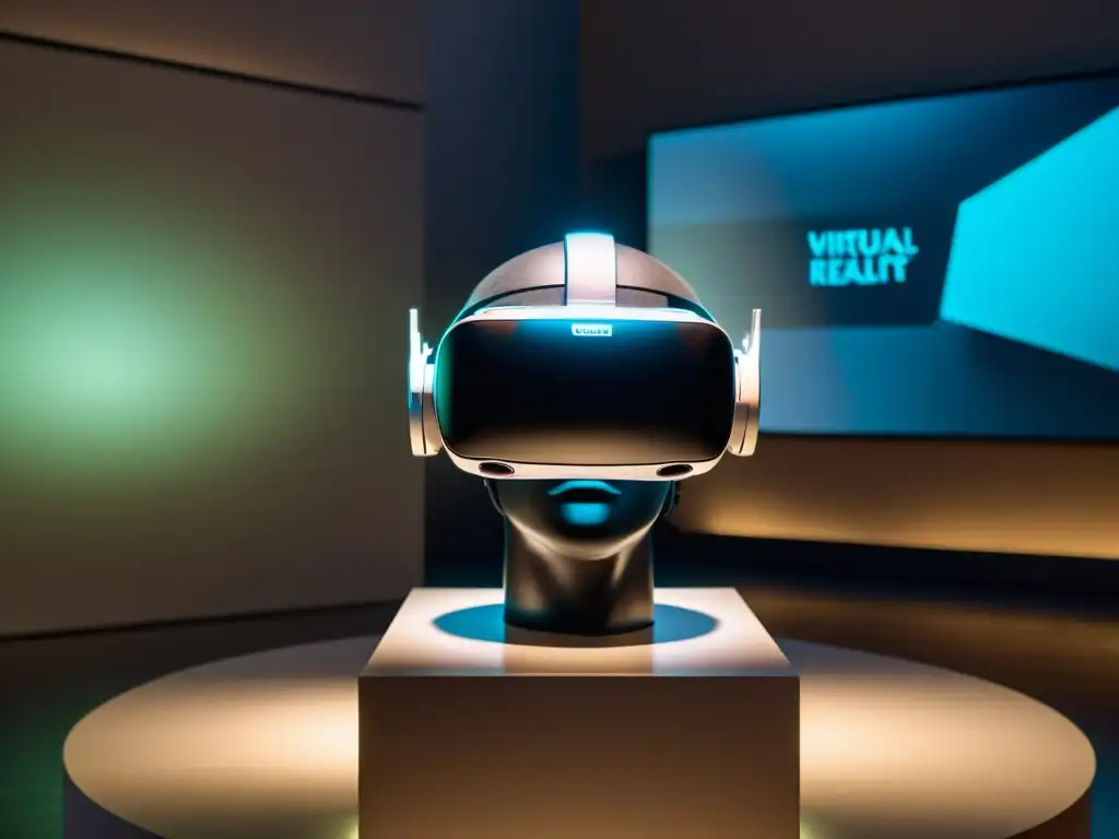 Un aura de misterio envuelve un visor de realidad virtual en un museo, simbolizando el encuentro entre patrimonio cultural y tecnologías emergentes