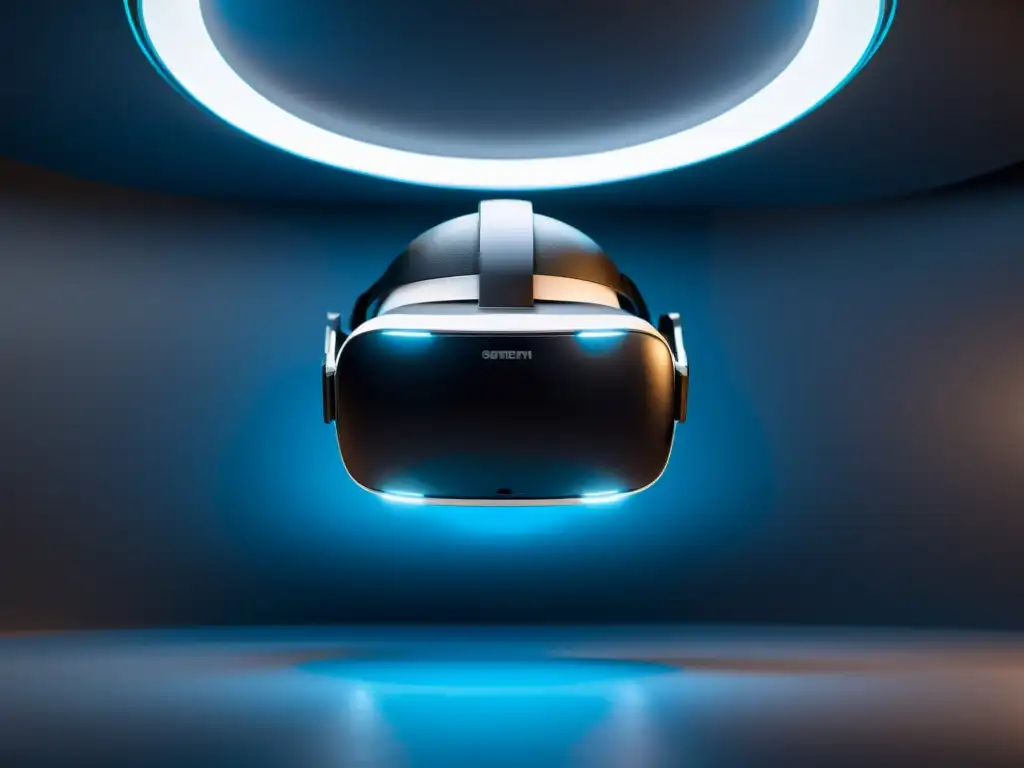 Un auricular de realidad virtual flota en un espacio futurista oscuro, iluminado por una suave luz azul