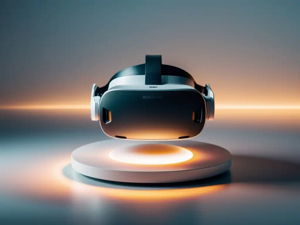 Un auricular de realidad virtual descansa sobre un pedestal blanco con una iluminación suave y difusa