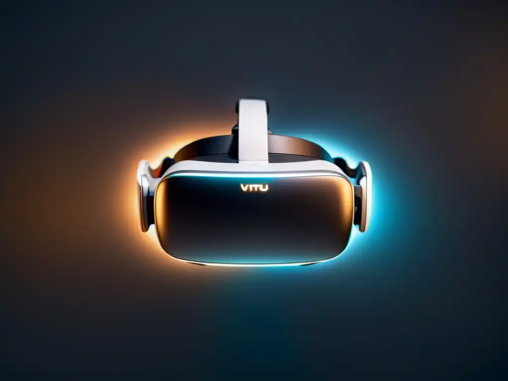 Un auricular de realidad virtual suspendido en la oscuridad, iluminado por un brillo etéreo