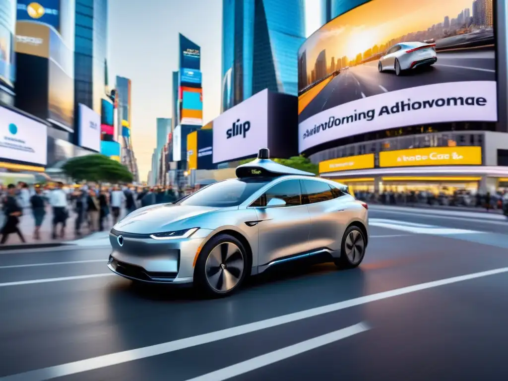 Un auto autónomo plateado en una ciudad bulliciosa con vallas publicitarias digitales