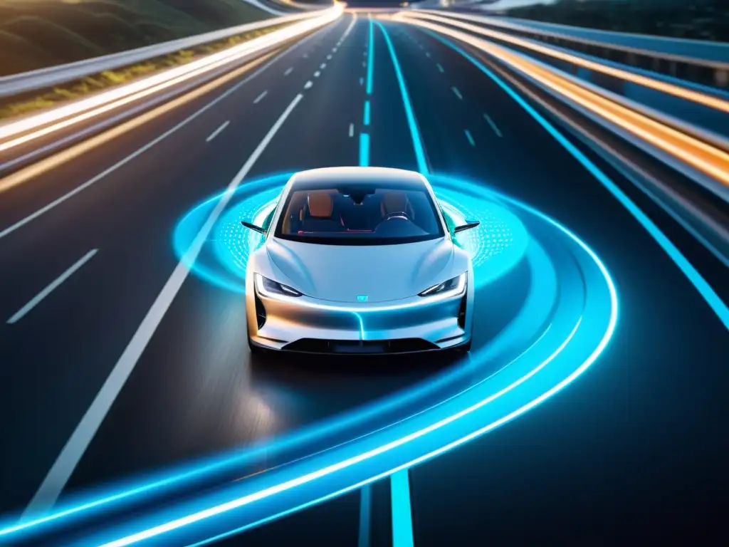 Un auto eléctrico futurista surca la autopista con el ícono 5G visible en su tablero, rodeado de líneas de conectividad digital