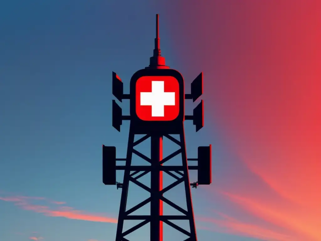 Un avance tecnológico: una torre 5G con símbolos de gestión de emergencias, evocando la integración ética y legal del 5G en la respuesta de emergencia