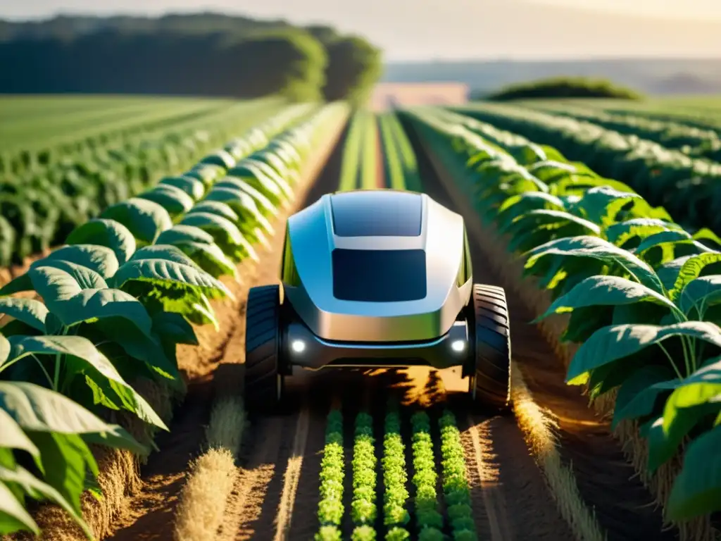 'Avances robótica agrícola tecnologías emergentes: Futurista robot agrícola en campo exuberante, transmitiendo innovación y precisión