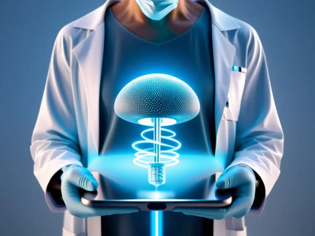 Avances en inteligencia artificial en oncología: Dispositivo médico futurista analizando células cancerosas con luz azul suave en fondo blanco