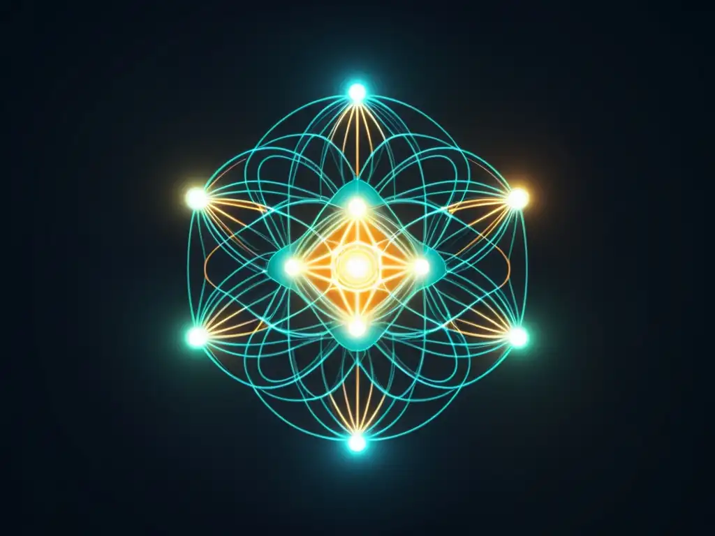 Red neuronal futurista con nodos brillantes interconectados Avances en redes neuronales para IA: Una imagen futurista y minimalista de una red neural brillante en un patrón complejo sobre fondo oscuro