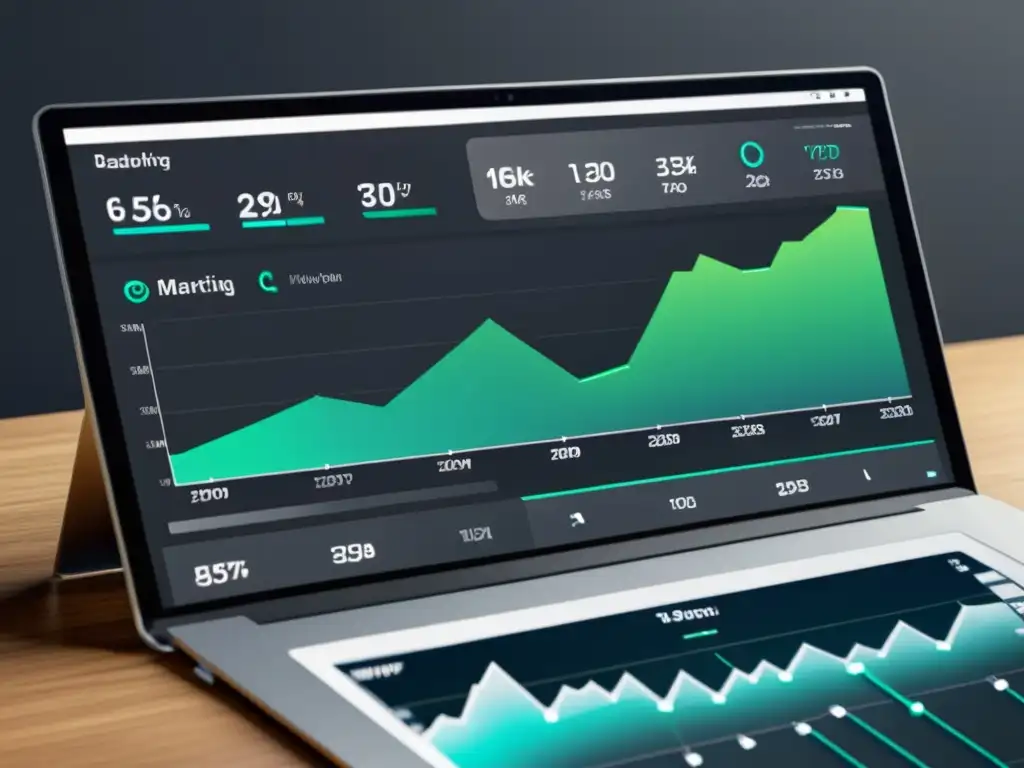 Una avanzada y elegante interfaz de marketing digital con gráficos detallados y datos en tiempo real, en tonos minimalistas