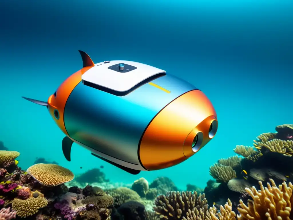 Robot submarino de diseño innovador explorando los océanos Avanzada tecnología robótica marina protegiendo los océanos, capturando la vida marina y arrecifes de coral en aguas cristalinas