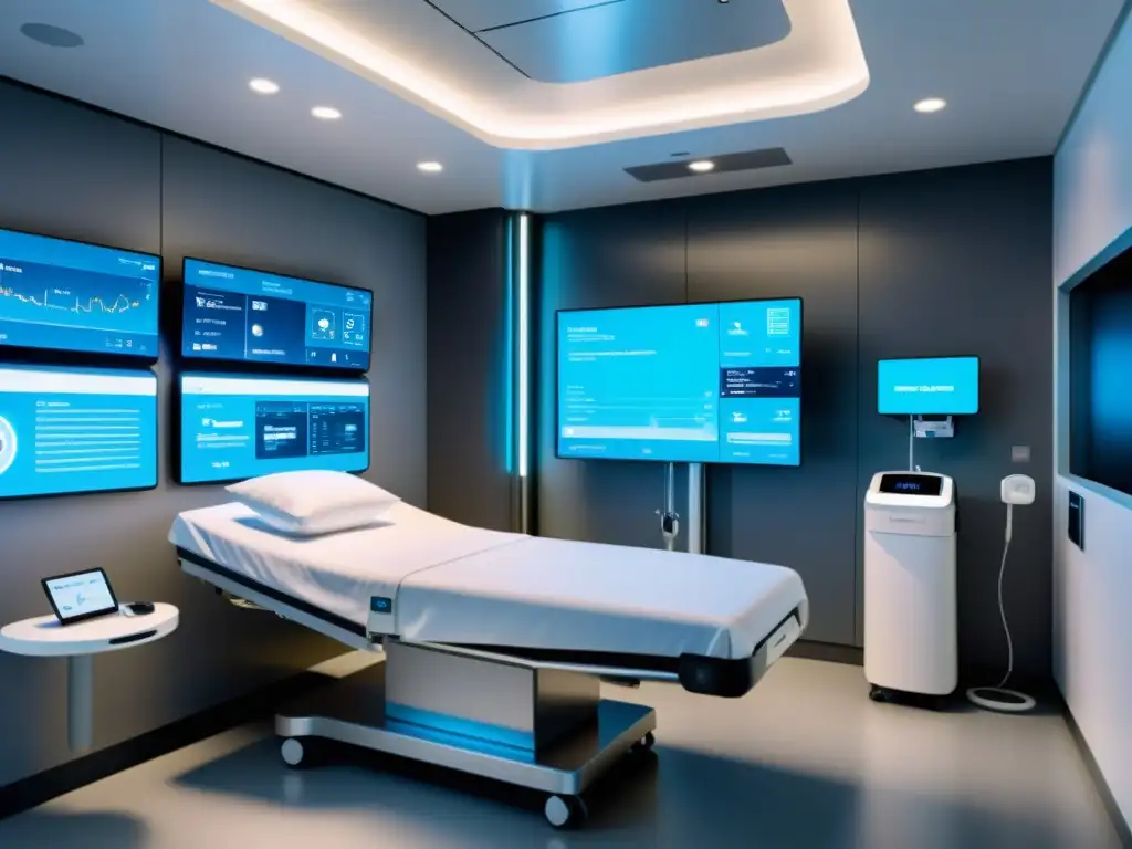 Avanzada sala de hospital futurista con tecnología médica conectada a red 5G, mostrando beneficios de la interoperabilidad en salud