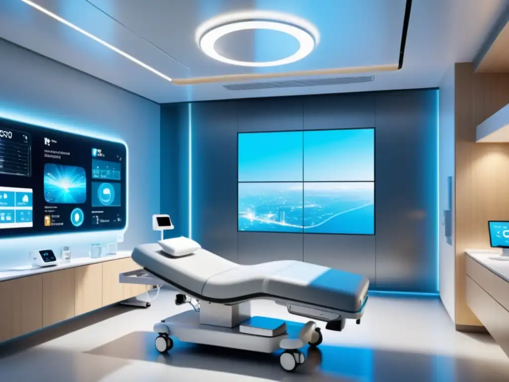 Avanzada sala hospitalaria futurista con equipamiento médico conectado vía 5G, mostrando transferencia de datos y monitoreo en tiempo real