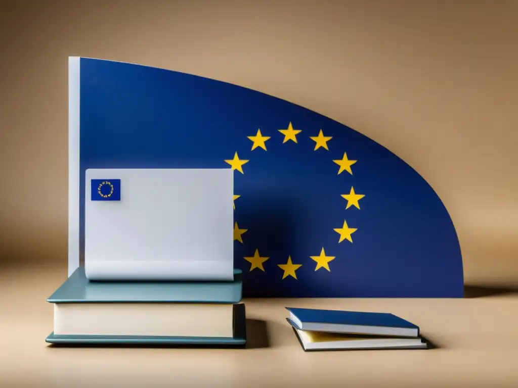 Balanza con bandera de la Unión Europea y archivos de datos, simbolizando la regulación de datos en Europa bajo GDPR