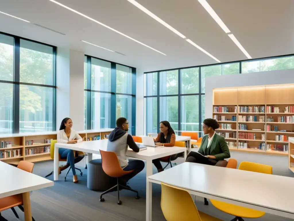 Biblioteca académica moderna con estudiantes colaborando en un ambiente cálido y dinámico, iluminado por luz natural