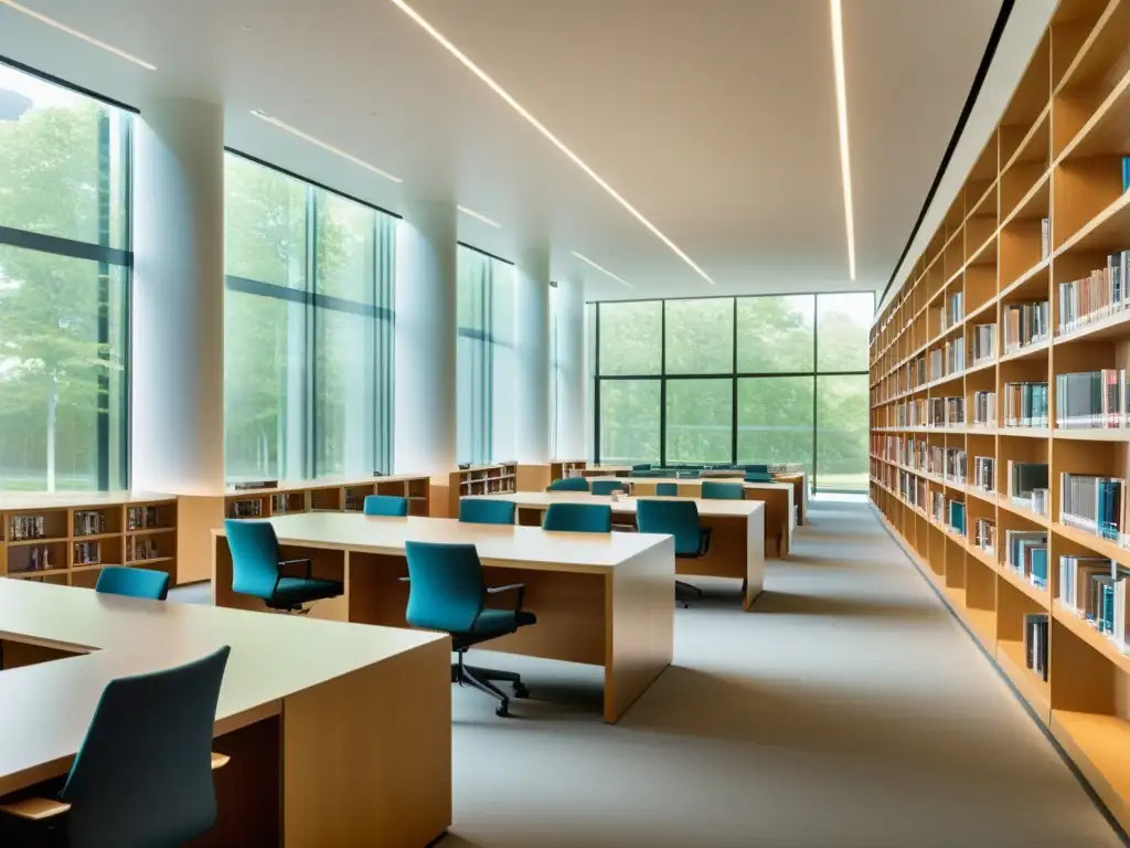 Una biblioteca académica moderna iluminada por luz natural, donde reina la serenidad y la contemplación intelectual