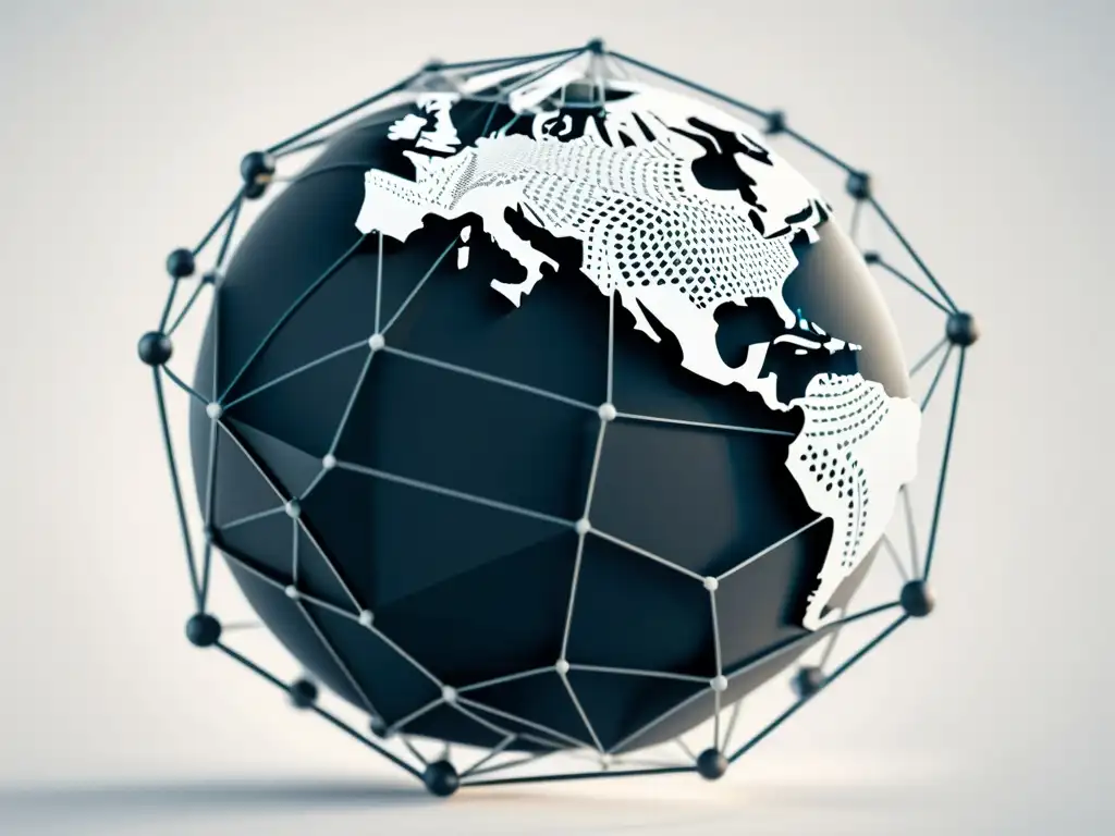 Blockchain global: regulaciones y nodos interconectados Ilustración en blanco y negro de un globo terráqueo formado por nodos de blockchain interconectados, rodeado de documentos legales