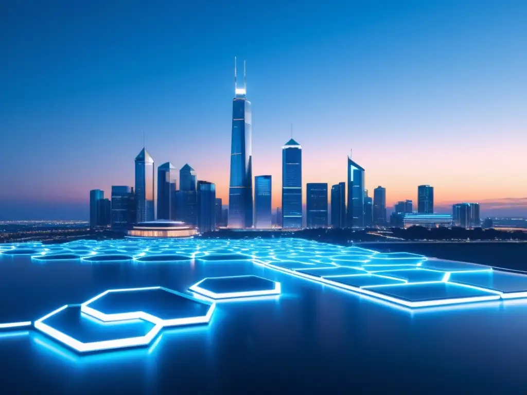 Horizonte futurista: ciudad minimalista iluminada por nodos de blockchain Implementación de Blockchain en gobierno: Ciudad futurista con edificios gubernamentales modernos iluminados en azul, nodos de blockchain brillantes