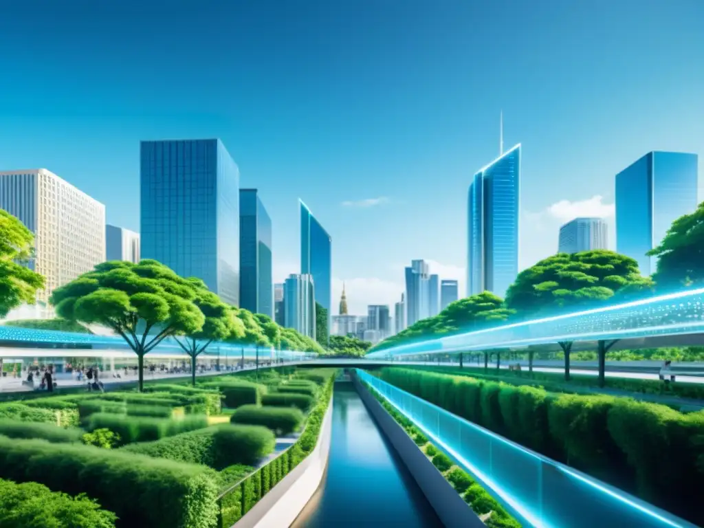 Integración de la tecnología blockchain en la ciudad del futuro Implementación de Blockchain en gobierno: Ciudad futurista con edificios transparentes integrando tecnología blockchain en su infraestructura, rodeada de naturaleza y cielo azul