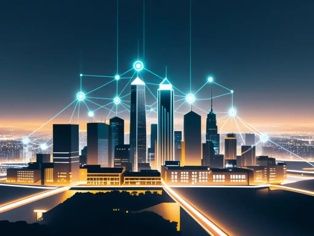 Ciudad futurista: nodos blockchain brillantes conectan la urbe Implementación de Blockchain en gobierno: ilustración minimalista de una ciudad futurista con nodos de blockchain interconectados que proyectan un suave resplandor sobre el paisaje urbano en blanco y negro