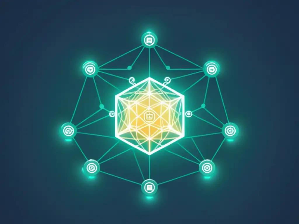 Blockchain gubernamental: red transparente de nodos conectados Implementación de Blockchain en gobierno: ilustración minimalista de una red transparente e interconectada de nodos que representan un sistema blockchain en distintas agencias gubernamentales, con líneas modernas y eficientes, y nodos resplandecientes que simbolizan transparencia y responsabilidad