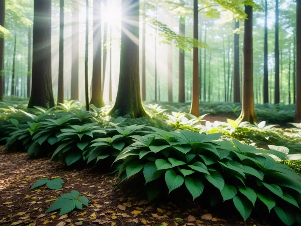 Un bosque denso con luz solar filtrándose entre las hojas, creando patrones en el suelo