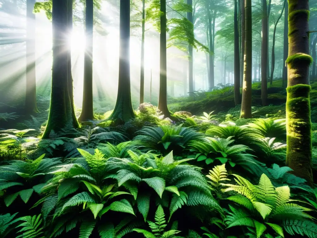 Un bosque exuberante con árboles altos, luz solar filtrándose y una diversa vegetación, evocando tranquilidad y belleza natural