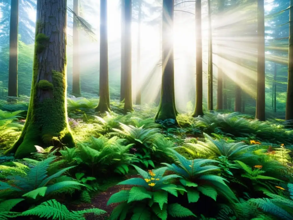 Bosque exuberante con árboles siempreverdes, flores silvestres y mariposas