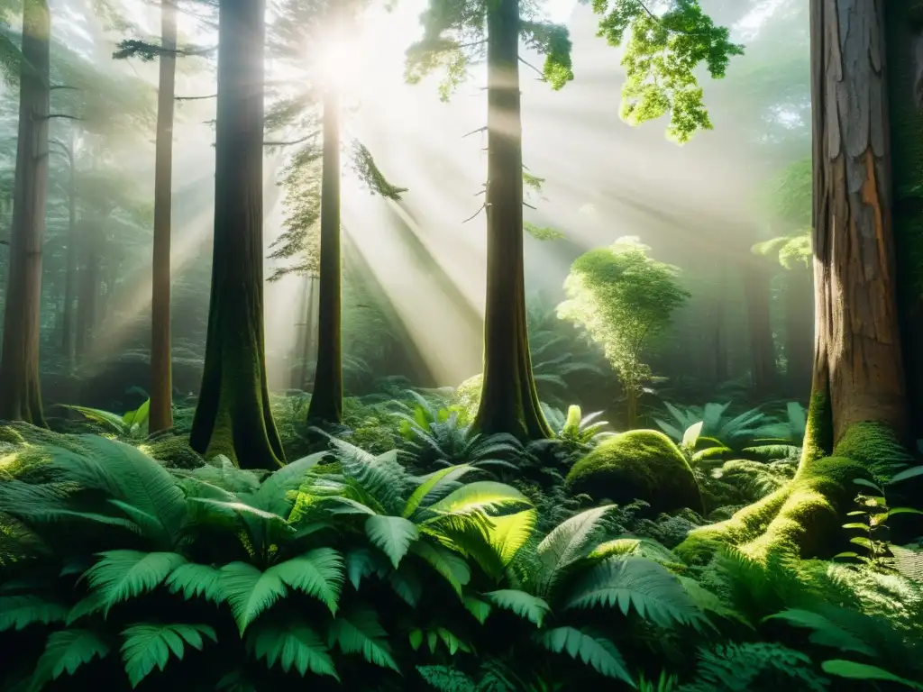 Un bosque exuberante bañado por la luz del sol, capturando la diversidad de la vida vegetal y animal en un ecosistema armonioso