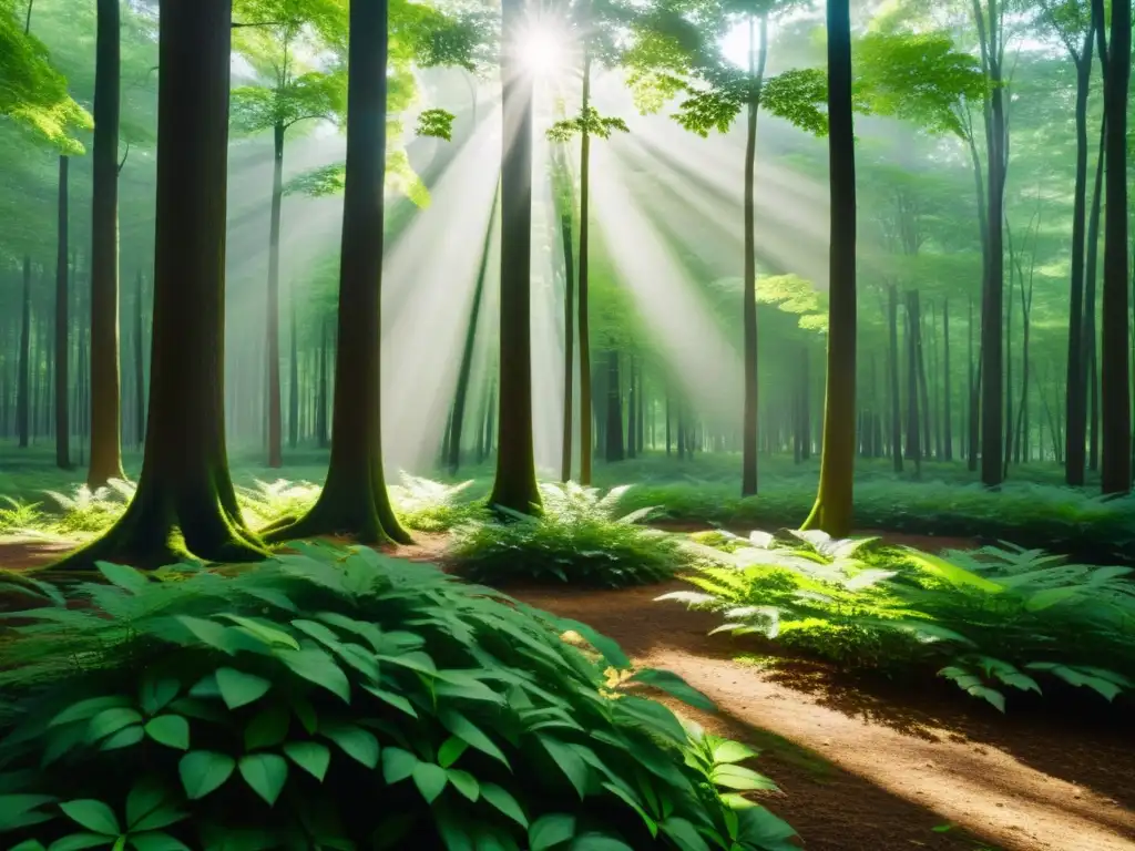 Un bosque exuberante bañado por la luz del sol, proyectando sombras en el suelo