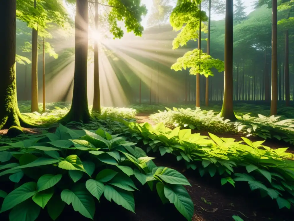 Un bosque exuberante bañado por la luz solar, evocando la armonía entre la IA ética y la naturaleza