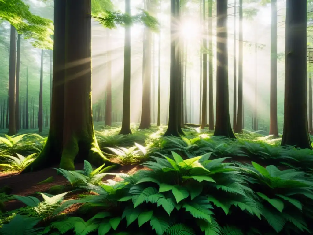 Un bosque exuberante bañado por la luz del sol, creando sombras en el suelo