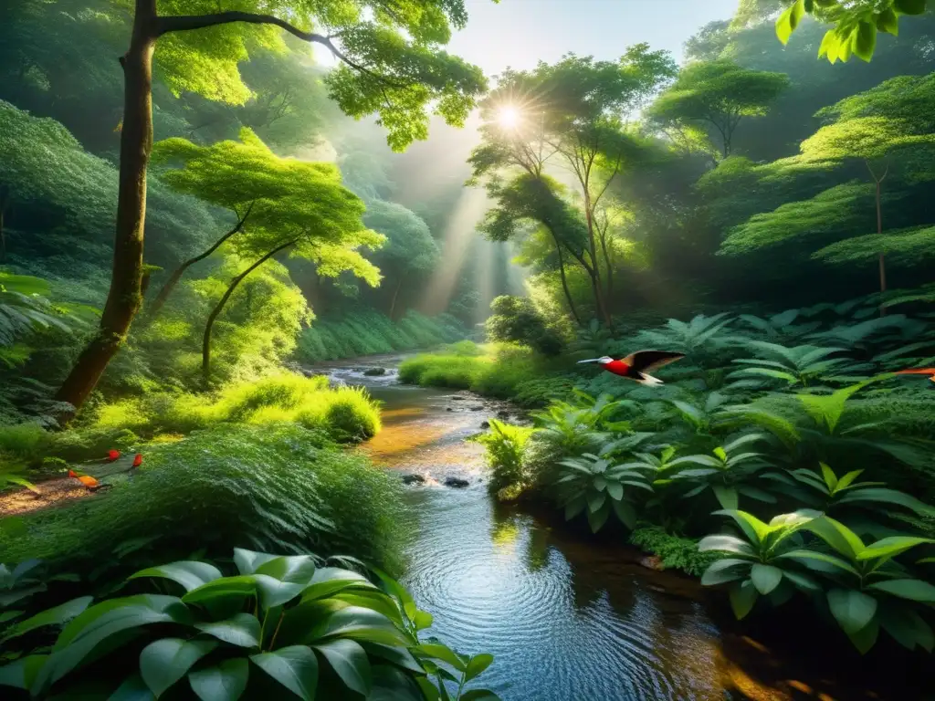 Un bosque exuberante y biodiverso con un arroyo tranquilo