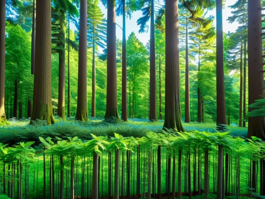 Un bosque exuberante y denso con árboles imponentes, follaje verde vibrante y un cielo azul claro asomándose entre el dosel