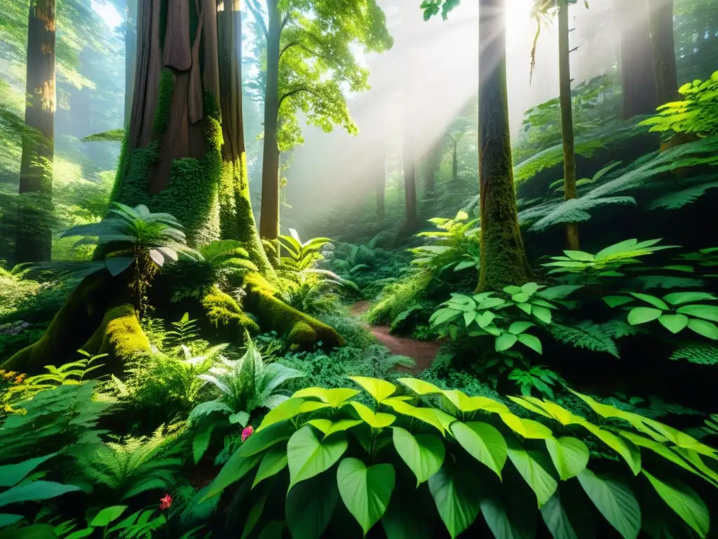 Un bosque exuberante y detallado en 8k, con diversa flora y fauna, lleno de luz solar filtrándose entre el dosel y creando sombras en el suelo