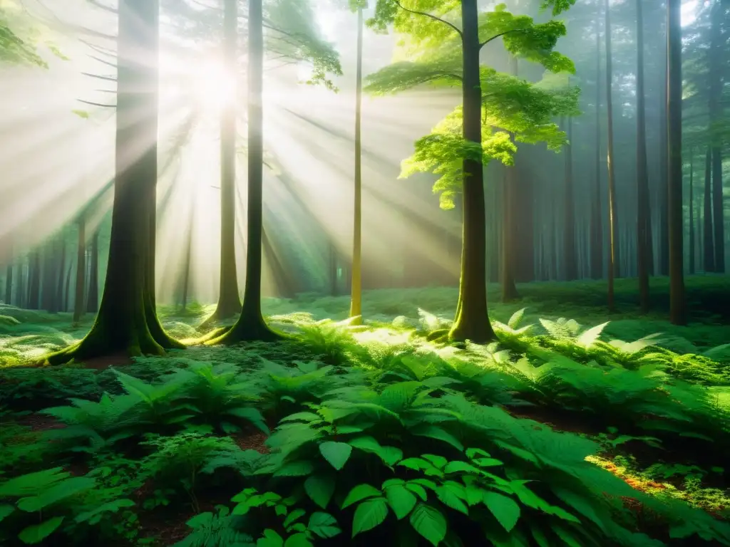 Un bosque exuberante con luz filtrada entre las hojas, creando sombras en el suelo