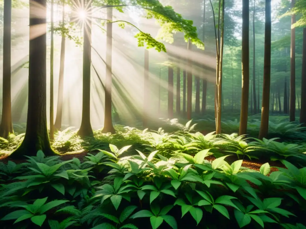 Un bosque exuberante con luz solar filtrándose entre las hojas, creando sombras en el suelo